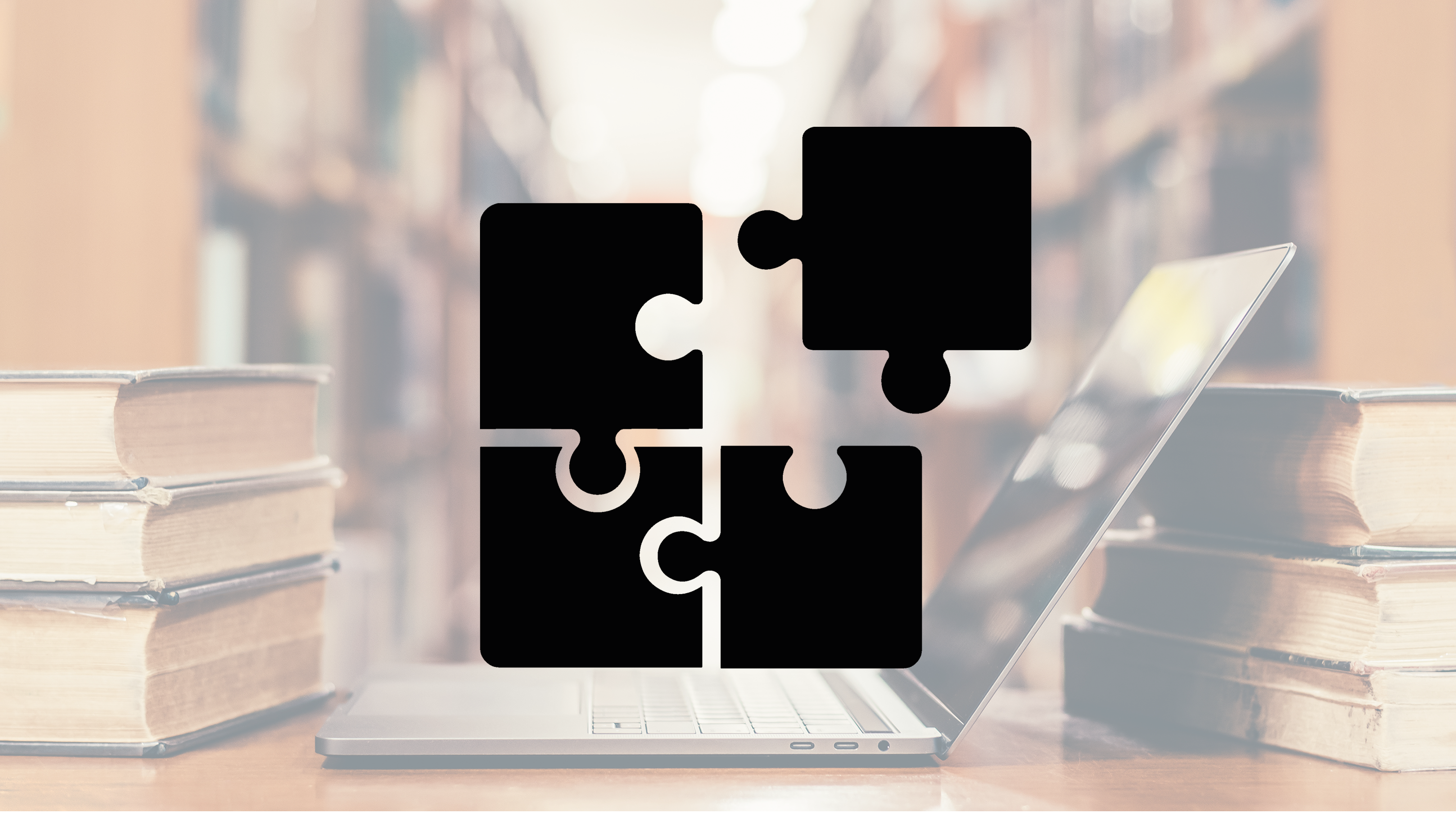 A background image showing an open laptop in a library, surrounded by old bookshelves, with a pictogram on top of it