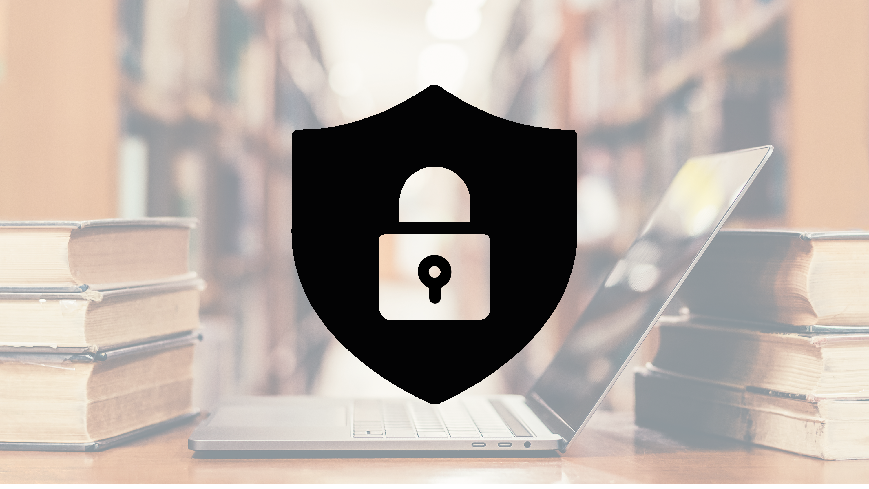 A background image showing an open laptop in a library, surrounded by old bookshelves, with a pictogram on top of it