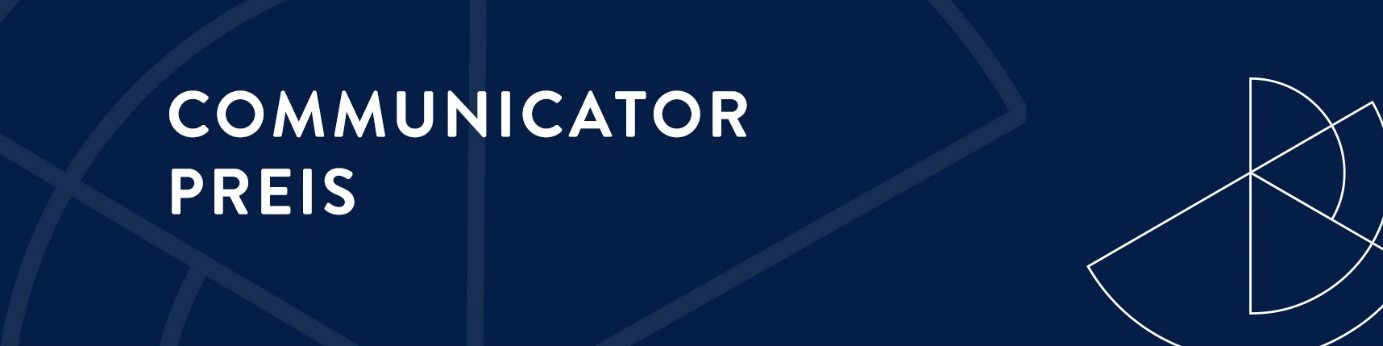White text reading "Communicator Aword" on a dark blue background
