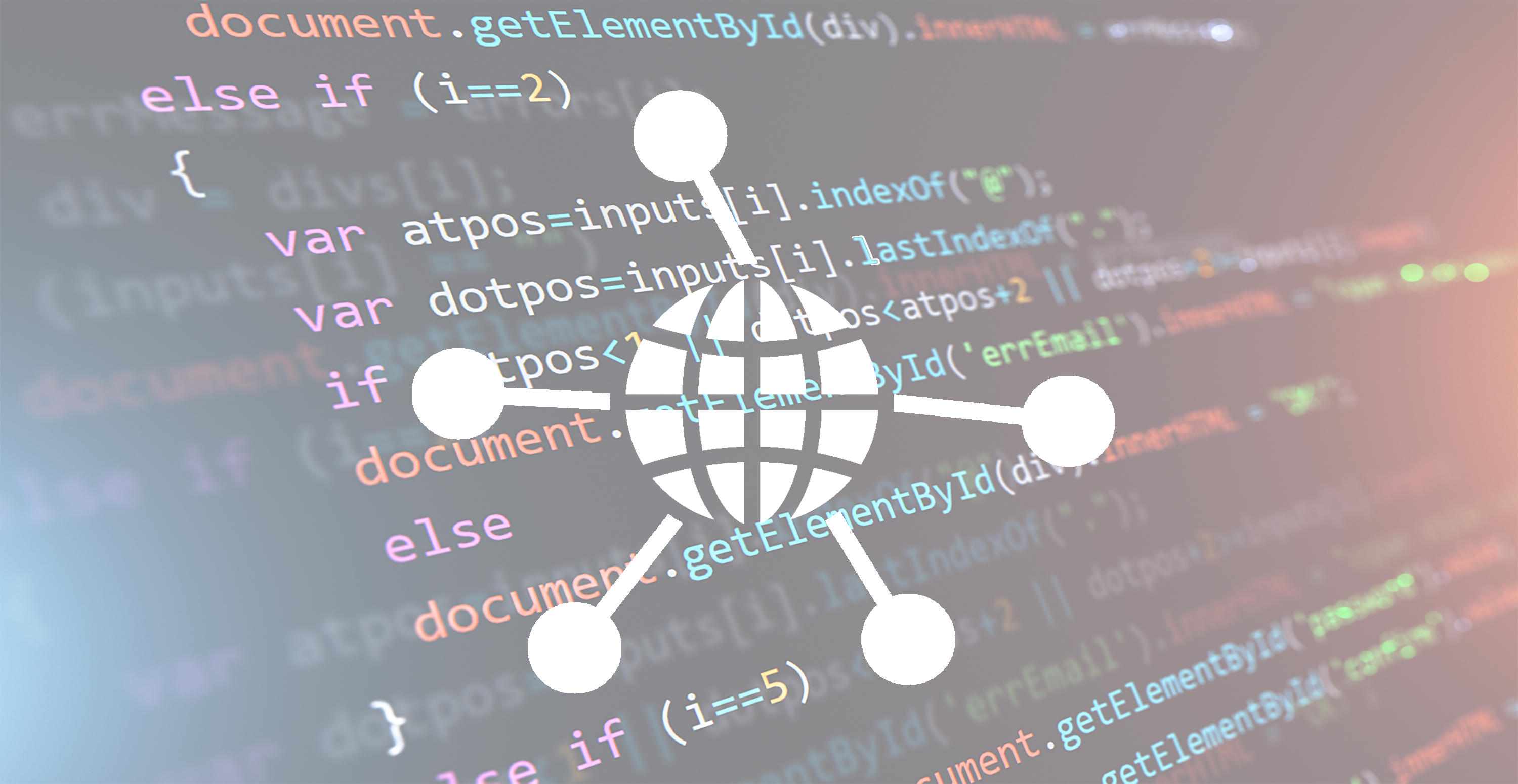 Featured image: Source code being programmed in the background, with a pictogram of a globe in the foreground