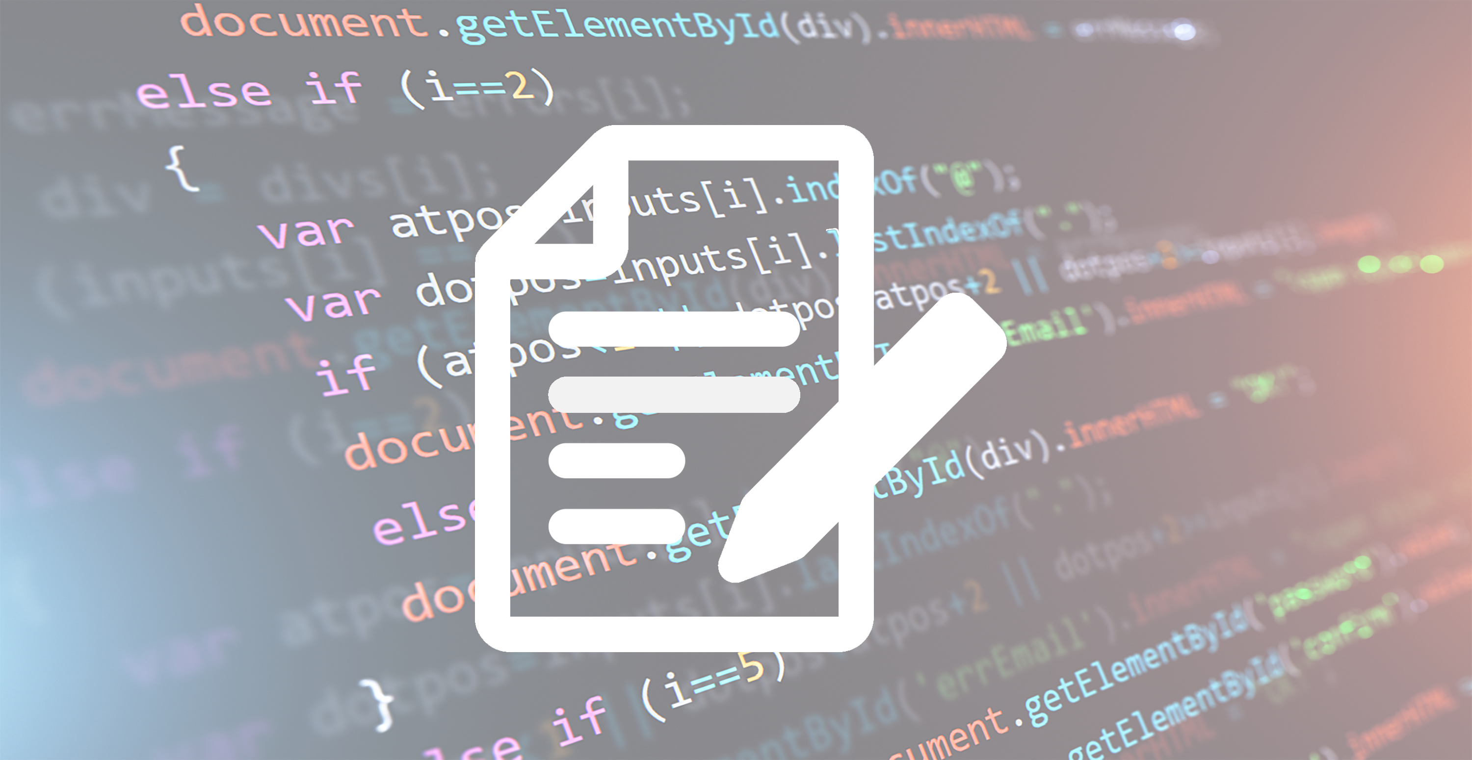 Featured image: Source code being programmed in the background, with a pictogram in the foreground showing a simple symbol for a document and a pen.