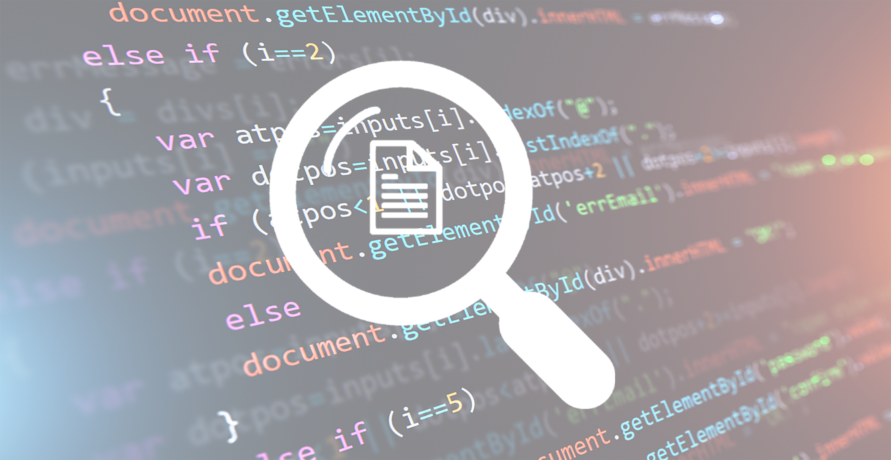 Featured image: Source code being programmed in the background, with a pictogram of a magnifying glass in the foreground.