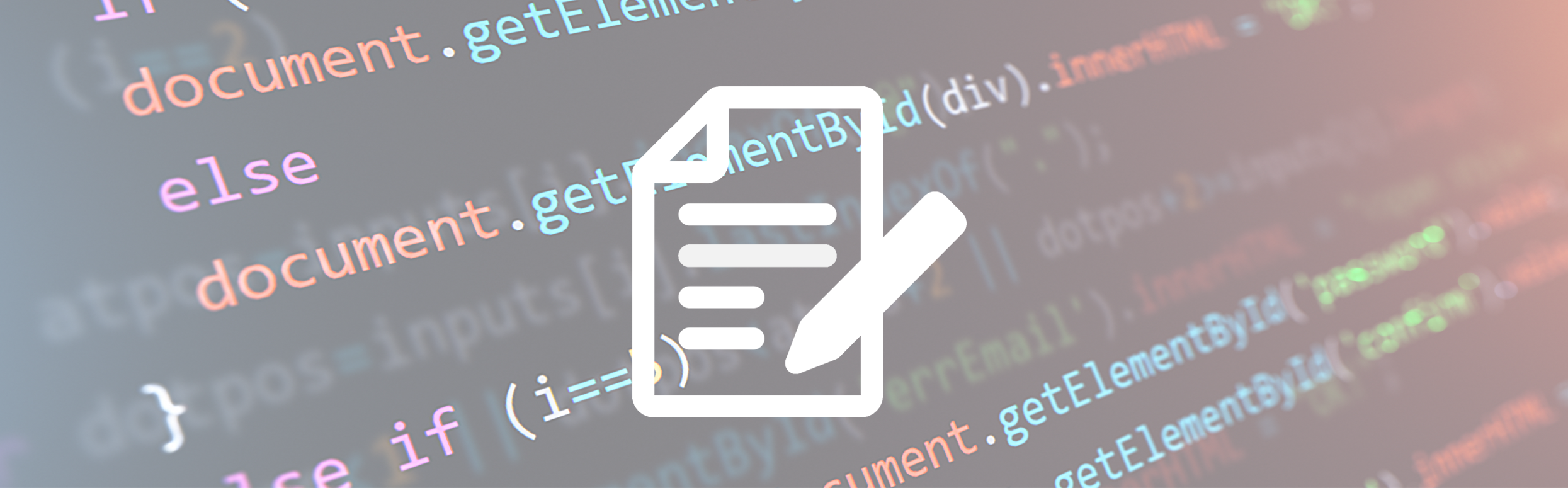 Featured image: Source code being programmed in the background, with a pictogram in the foreground showing a simple symbol for a document and a pen.