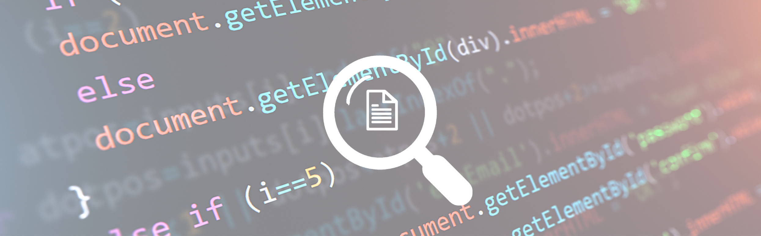 Featured image: Source code being programmed in the background, with a pictogram of a magnifying glass in the foreground.