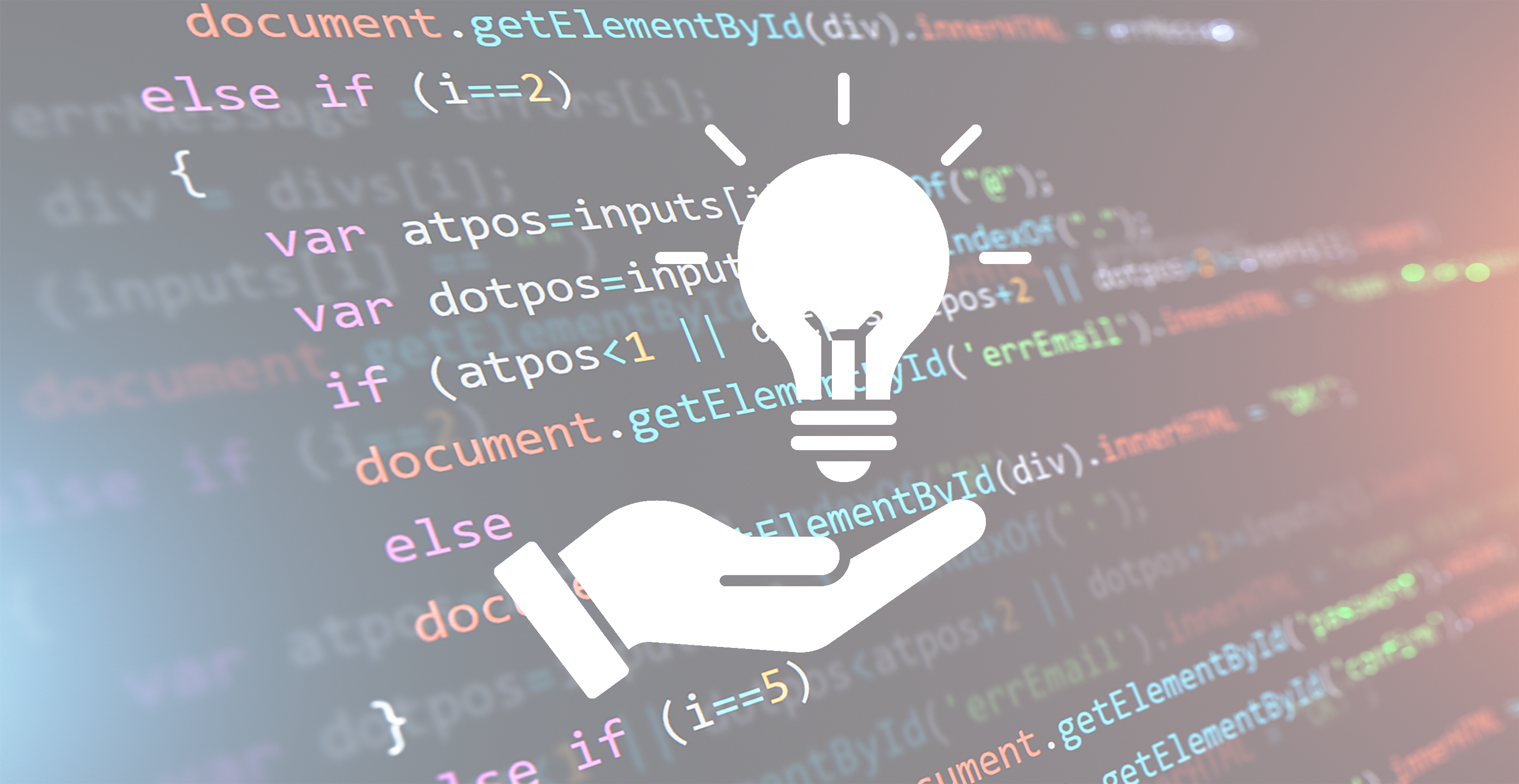 Featured image: Source code being programmed in the background, with a pictogram in the foreground showing a hand holding a light bulb.