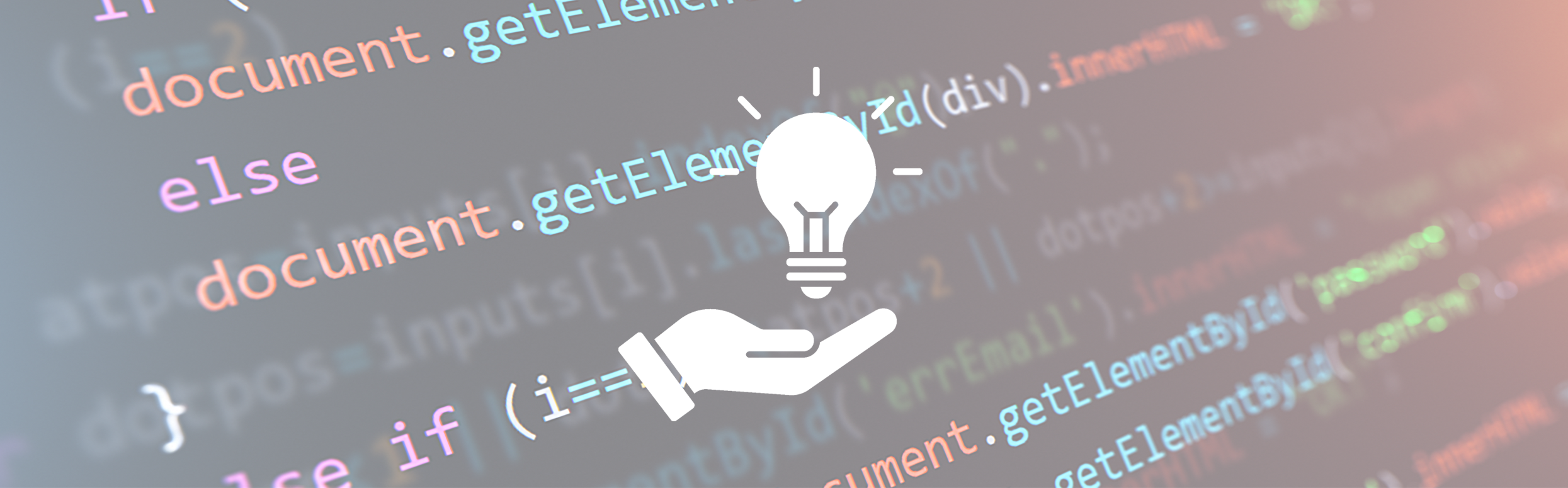 Featured image: Source code being programmed in the background, with a pictogram in the foreground showing a hand holding a light bulb.
