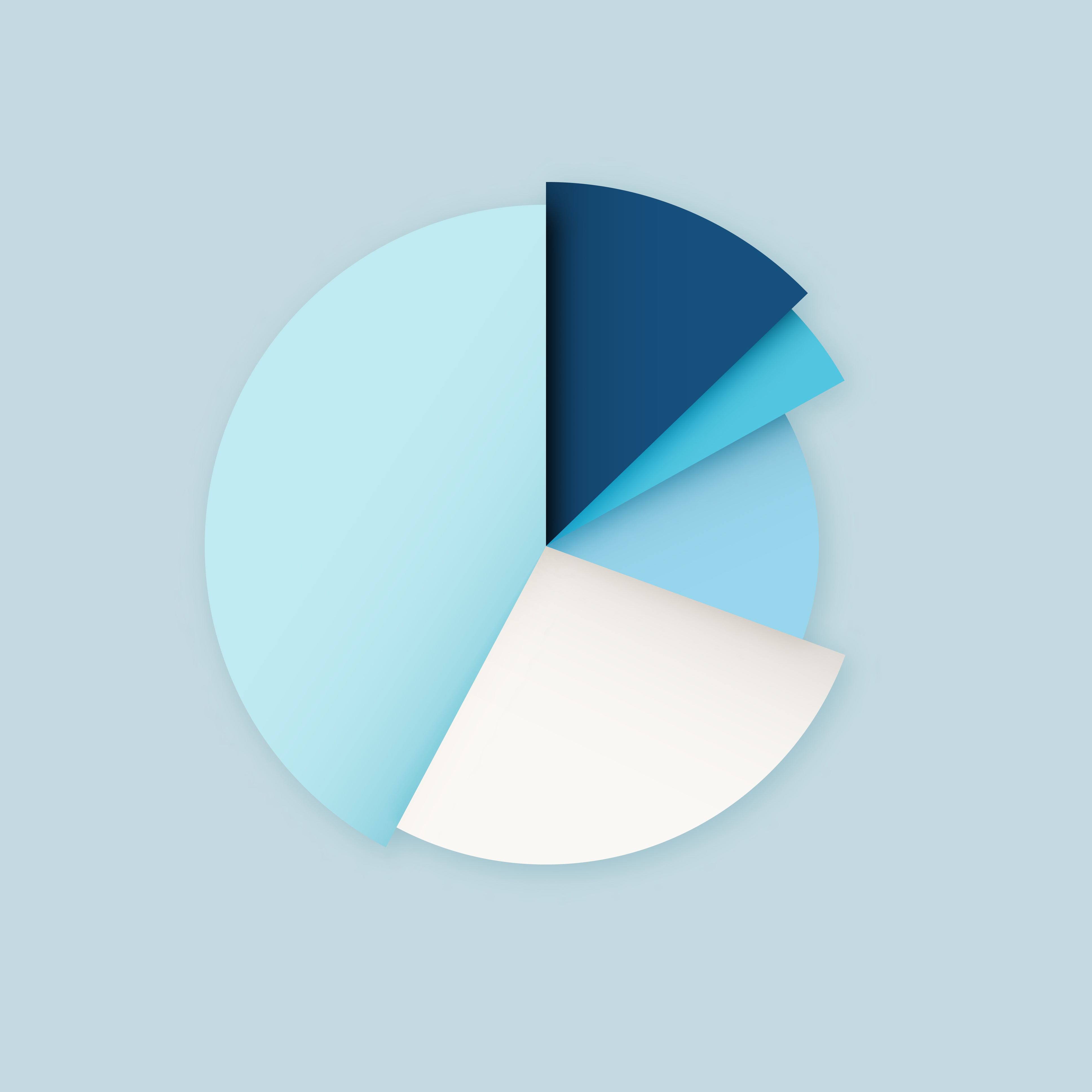 A pie chart in various shades of blue on a light blue background.