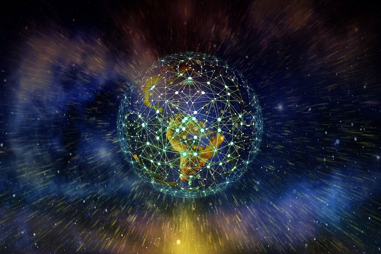 Picture of the earth marked by dots and network lines.